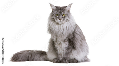 Tablou pe pânză Maine Coon cat sitting fluffy grey fur, yellow eyes