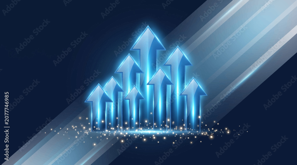 Naklejka premium A group of glowing blue upward arrows rise sharply on a dark background with sparkling particles and streaks of light.