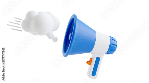 Blue and white megaphone with speech bubble