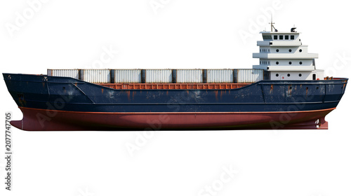 Foto Container ship with dark blue hull and red bottom, carrying cargo containers