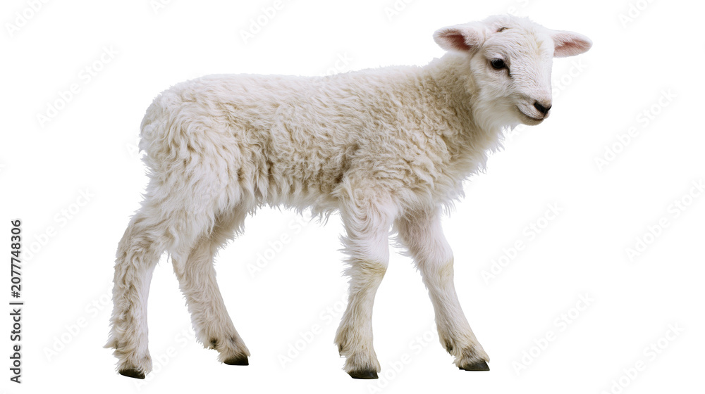 Fototapeta premium Young white lamb with fluffy wool standing