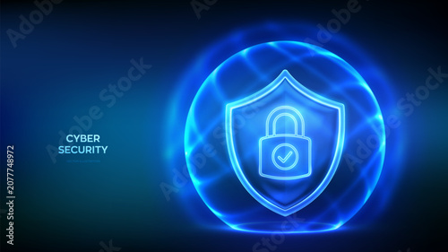 Protection shield with padlock with check mark inside glowing dome and protective energy field. Cyber security, personal data protection. Internet privacy, firewall, antivirus. Vector illustration