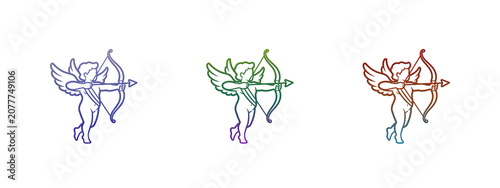 Three colorful cupid icons with bow and arrow for valentines