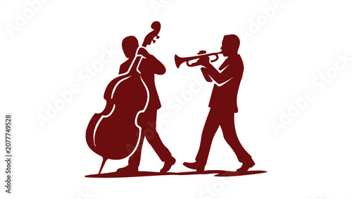 Foto Jazz Musicians Silhouette: Trumpet Player and Upright Bassist Performing Together