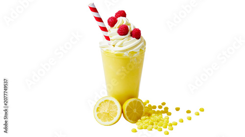 Fotografía Yellow smoothie with whipped cream raspberries lemon slices, and candy