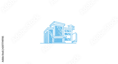 Minimalist architectural illustration depicting a university building and academic elements
