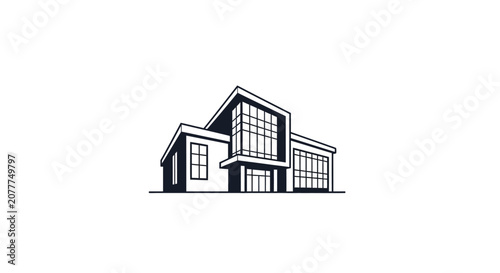 Minimalist architectural illustration of a modern building in stark black and white design