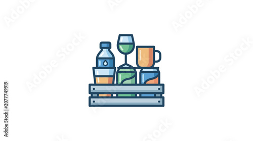 Beverage Assortment in Wooden Crate: Water Bottle, Wine Glass, Mug, Cans