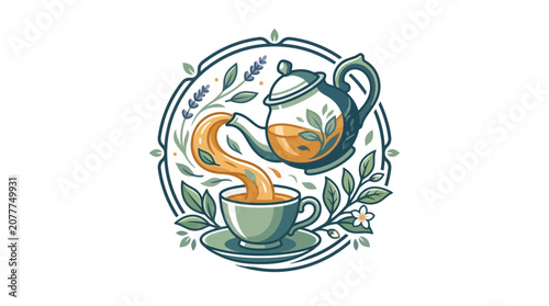 Herbal Tea Pouring from Teapot into Cup with Botanical Elements