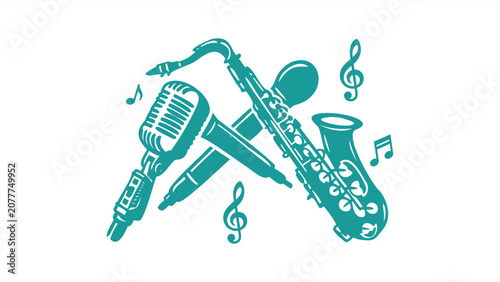 Fotografía Teal illustration: crossed saxophone, vintage microphone, and pencil with musical notes, symbolizing music performance and songwriting