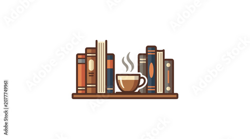 Cozy bookshelf with steaming coffee cup illustration