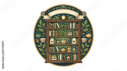 Cozy Bookshelf with Tea and Botanical Decor, Vintage Style