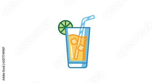 Refreshing orange juice cocktail with ice, lime slice, and straw in tall glass
