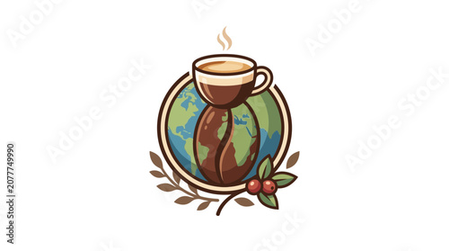 Global Coffee Bean Earth Icon with Hot Espresso Cup and Leaves