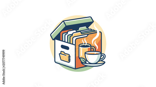 Organized Files Box with Steaming Coffee Cup - Office Organization and Break Concept