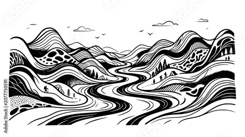 Bild auf Leinwand Abstract Winding River Landscape, Stylized Mountains, Black and White Drawing