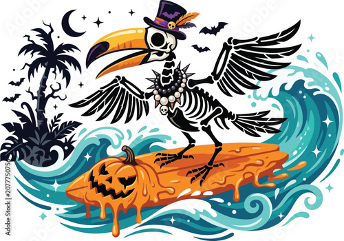 Toucan skeleton wears a top hat while surfing on a melting pumpkin board.