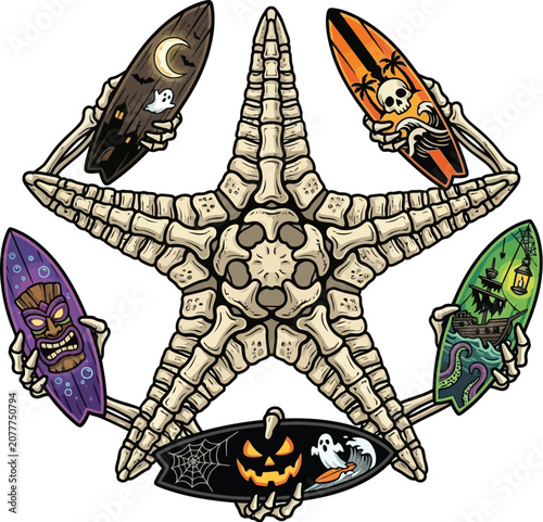 Starfish skeleton holds four colorful surfboards in its bony finger hands.