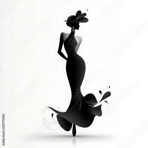 Silhouette of woman in flowing black gown and wide-brimmed hat fashion black dress