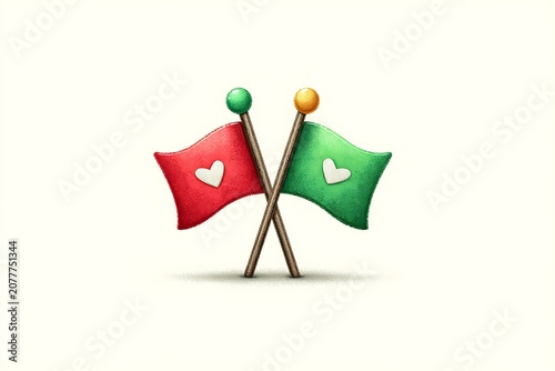 Two crossed small flags, one red and one green, each with a white heart emblem red flag
