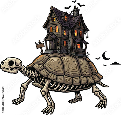 Turtle skeleton carries a haunted Victorian house on its heavy shell back.