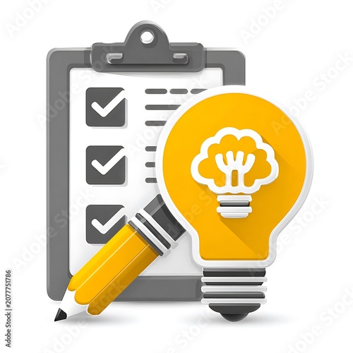 Checklist clipboard with pencil and bright yellow lightbulb idea symbol to-do list