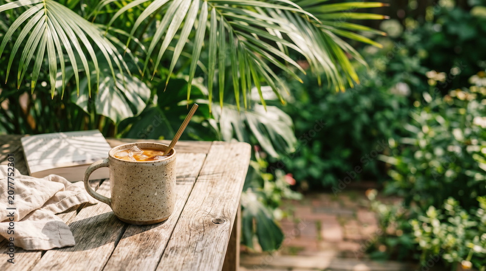 Fototapeta premium Iced coffee in speckled mug with straw on rustic wood table amidst vibrant garden foliage for summer relaxation lifestyle.