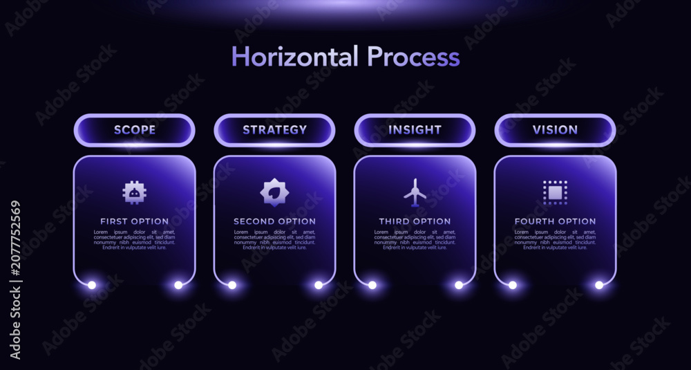 Naklejka premium Purple Tech Infographic Template with Icons and Gradient Diagram, 4 Step Vector Workflow Layout for Presentations Banners, Flowcharts, Business Reports, UI Design Assets, Modern Digital Style Pack Pro