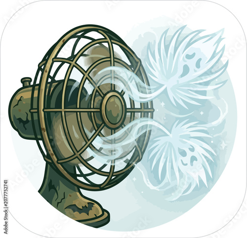 Electric fan blowing two white ghost spirits in a dark vintage haunted.