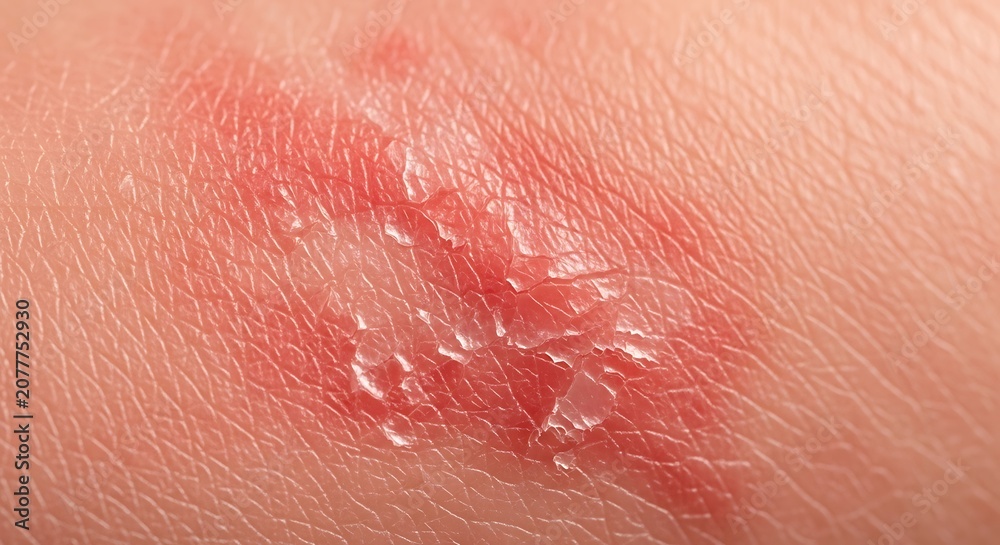 Fototapeta premium Close-up of a red, inflamed skin rash with peeling and blistering, indicating a skin condition or allergic reaction.