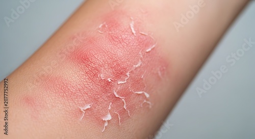 Close-up of a red inflamed skin rash with peeling and flaking on an arm.