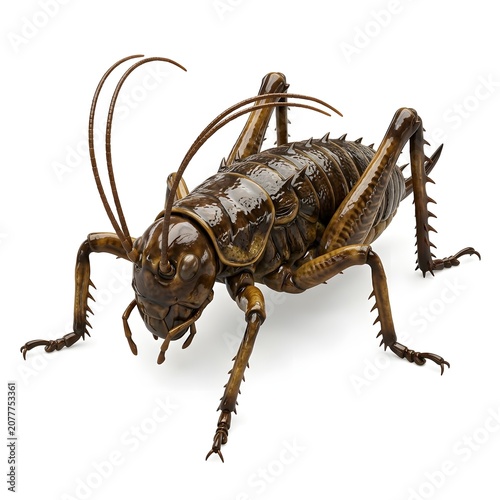 Detailed view of a large brown insect against a white background