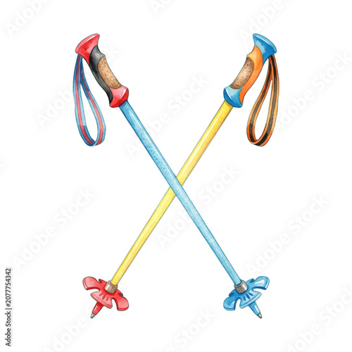 Watercolor illustration of crossed ski poles on black background
