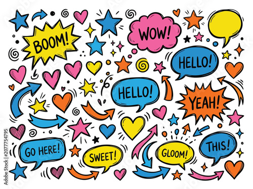 Colorful Hand Drawn Comic Speech Bubbles and Graphic Element Set with Stars Hearts and Arrows for Social Media and Marketing