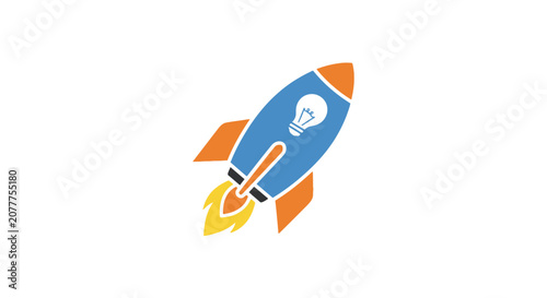 Illustration of a rocket ship design with an idea bulb, taking off in a white backdrop