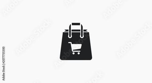 Online shopping symbol: a minimalist illustration of a shopping bag with a cart graphic