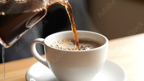 Coffee pouring into white cup.