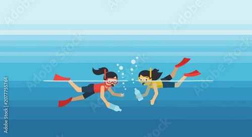 Two girls swimming underwater with snorkels and fins.