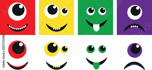 A comprehensive vector collection showcasing eight distinct cartoon monster faces each with unique expressions and eye configurations. Four faces are presented within colorful square backgrounds while