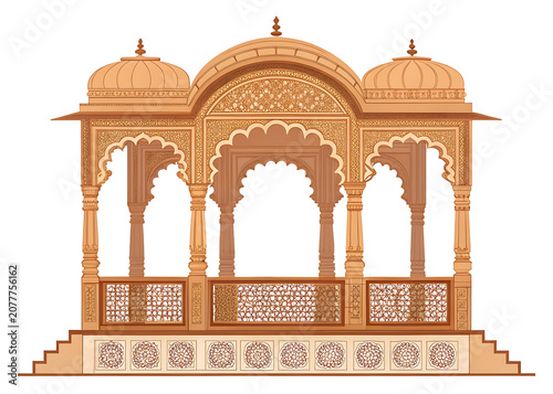 Indian royal jharokha balcony, ornate carved sandstone arches, symmetrical Rajput architecture, minimal flat vector illustration, geometric shapes
