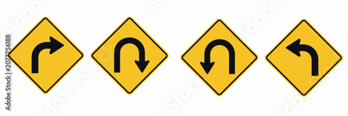 Yellow diamond shaped road signs with black arrows on white background