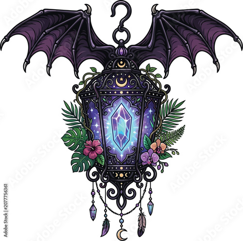 Lantern with bat wings glows with magical energy surrounded by lush plants.