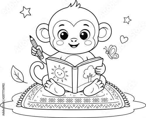 Canvas Print Cute baby monkey reading storybook with pencil, adorable cartoon coloring page v