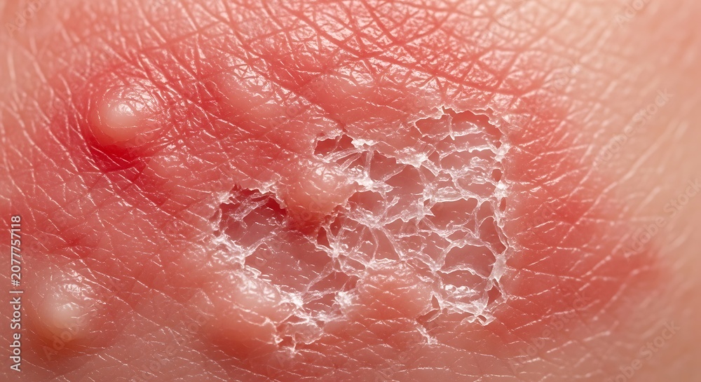 Fototapeta premium Close-up of a skin rash with blisters and peeling skin.