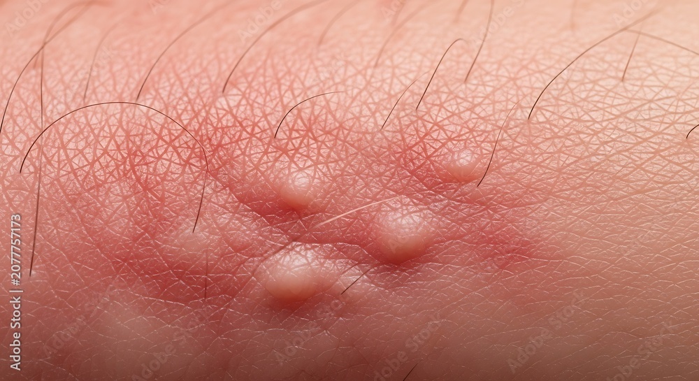 Fototapeta premium Close-up of a skin rash with blisters and redness on human skin.