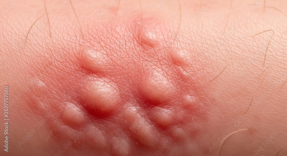 Fototapeta premium Close-up of a skin rash with blisters and redness.