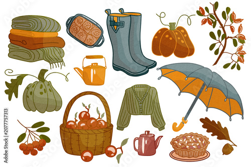 Cozy autumn collection with pumpkins umbrella sweater rain boots berries and harvest basket illustration set