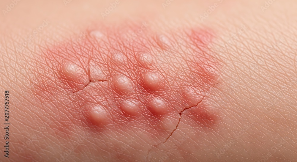 Fototapeta premium Close-up of a skin rash with blisters, possibly shingles or herpes, on human skin.