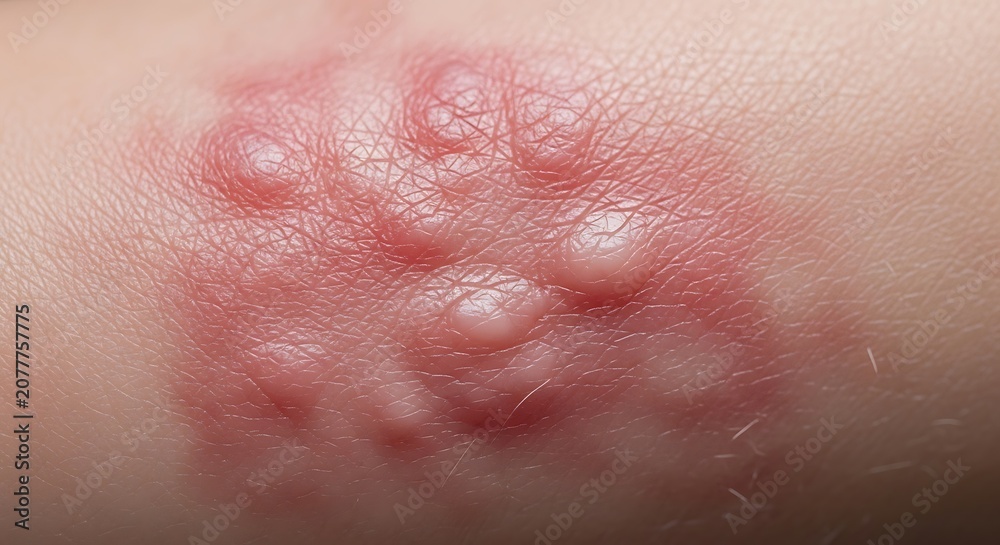 Fototapeta premium Close-up of a skin rash with red, inflamed bumps and blisters, indicating a possible allergic reaction or infection.
