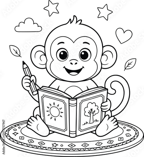 Canvas Print Cute baby monkey reading storybook while holding pencil, adorable educational ca